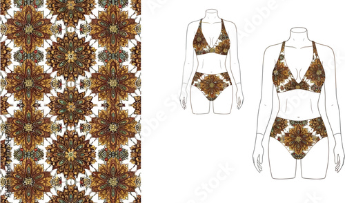 Patterned bikini design featuring floral mandala print and seamless repeat fabric swatch display