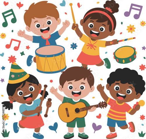 Diverse Group of Happy Children Playing Musical Instruments and Celebrating Keywords: children, kids