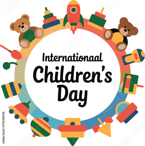 International Children's Day text in circle with vintage toys on white Keywords: International