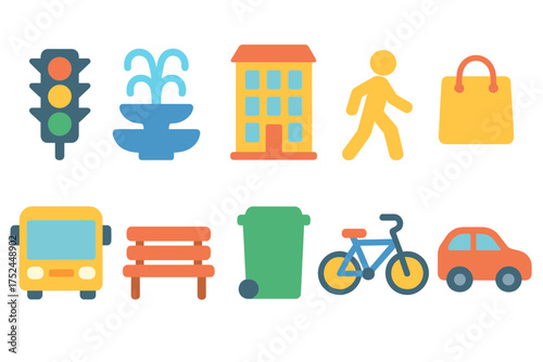City life flat icon set. urban lifestyle, transportation, and public space icons.