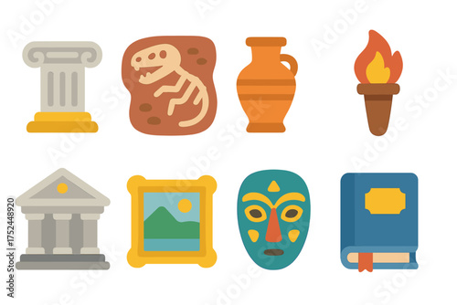 Archaeology, history flat icon set. museum, artifact, ancient collection icons