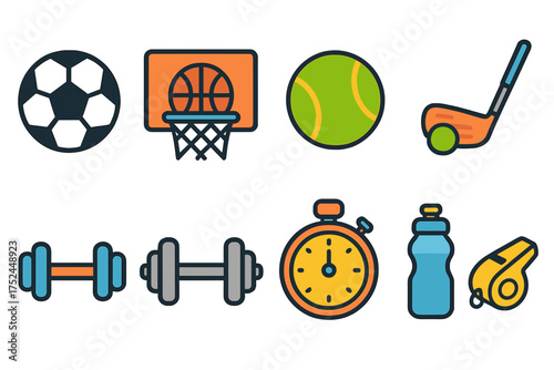 Sports and fitness icon set. flat style representations of equipment and activities.