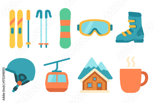 Outdoor winter sports flat icon set. skiing, snowboarding gear flat icons collection.