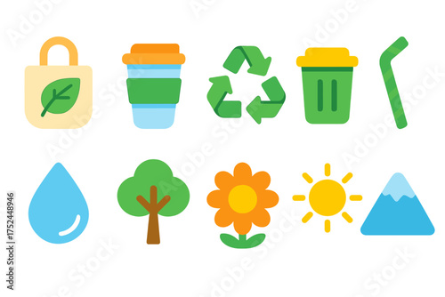 Eco-friendly flat icon set. recycling, sustainability, nature icons flat collection