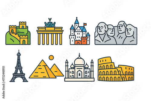 Landmarks line icon set. famous monuments, travel destinations, outline collection.