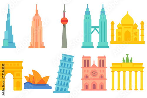 Landmark, architecture flat icon set. famous buildings, world icons collection