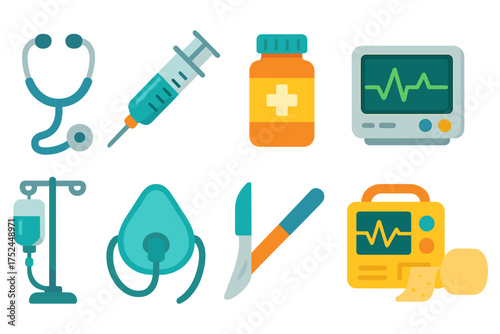 Medical, healthcare flat icon set. essential tools, equipment, devices flat collection