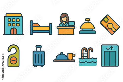Hospitality and hotel flat icon set. reception, accommodation, booking icons collection.