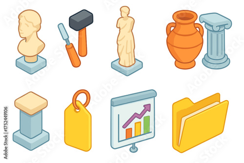 Art and history icon set. ancient culture and tools in flat icon collection