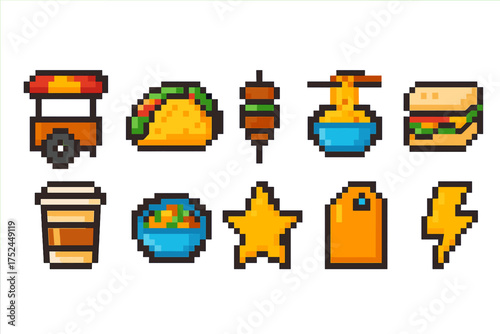 Food and drink pixel icon set. culinary, snack, beverage, pixel art icons collection.