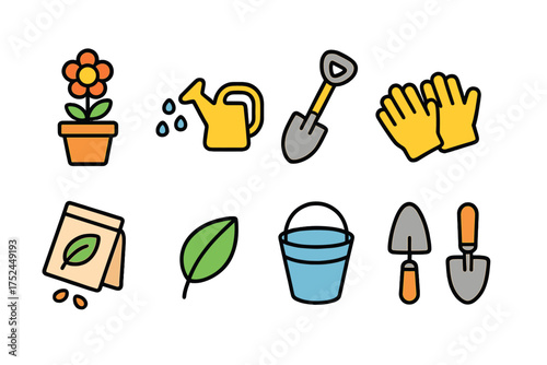 Gardening, horticulture flat icon set. planting, landscaping tools and accessories