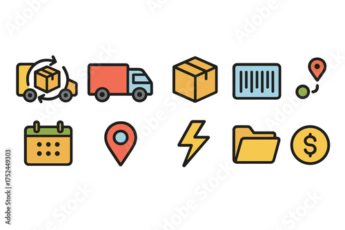 Delivery and shipping flat icon set. package, logistics, and transport icons collection