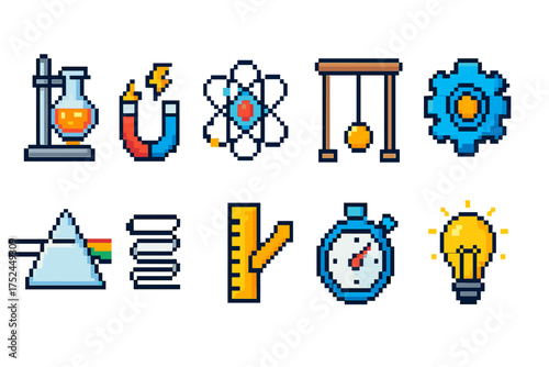 Science and education icon set. pixel art education icons for learning and discovery
