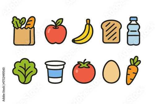 Grocery and food flat icon set. fresh produce, snacks, and beverages icons collection