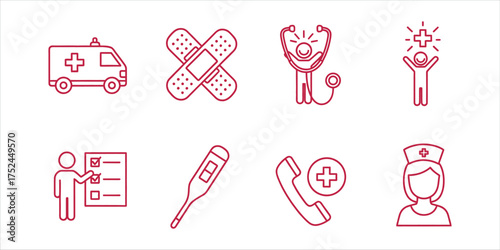 Medical and healthcare line icons set contains such icons as ambulance, plaster, stethoscope, thermometer, nurse