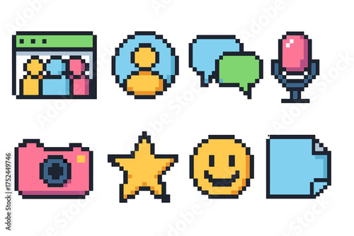 Pixel art icon set for communication: flat icons collection for messaging and media