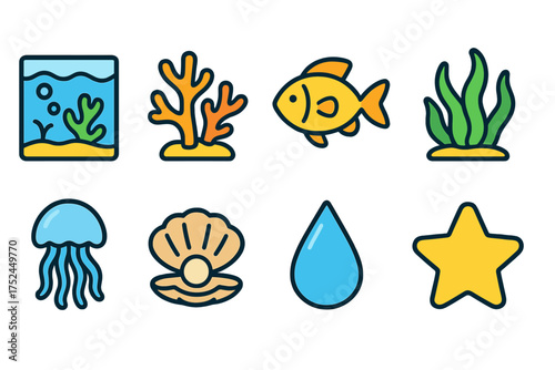 Aquatic life flat icon set. ocean, marine creatures, sea animals, coral, shell icons