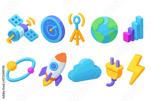 Technology and science 3d icon set. innovation, communication icons collection