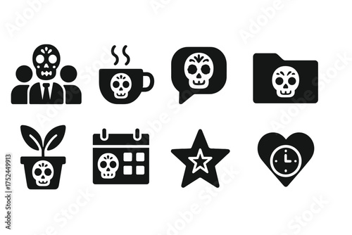 Day of the dead solid icon set. dia de los muertos, skulls, celebrations in solid style