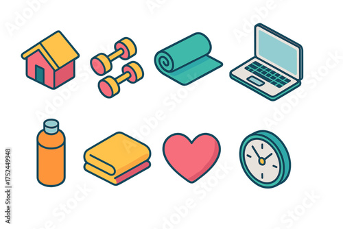 Fitness and home solid icon set. exercise, wellness, and technology icons collection