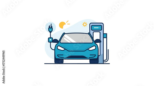 Flat Line Style Electric Car Charging Station Illustration Eco Friendly
