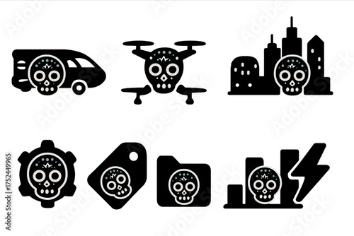 Dia de los muertos silhouette icon set. halloween, day of the dead festival icons.