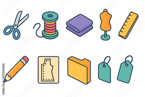 Sewing and tailoring flat icon set. dressmaking tools and materials collection