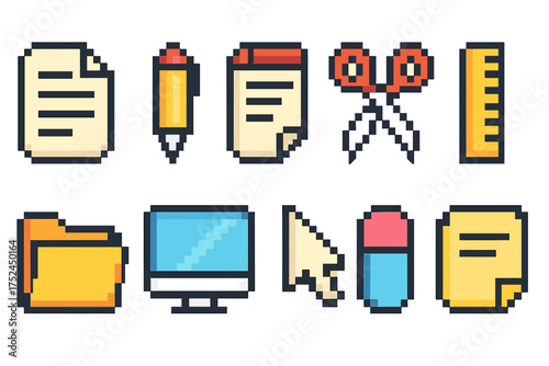 Office, schoolwork pixel icon set. stationery, digital tools pixel collection