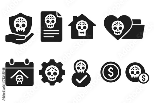 Day of the dead solid icon set. skulls and traditions for celebrations