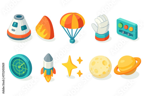Space exploration 3d icon set. galactic adventure and spacecraft icons collection