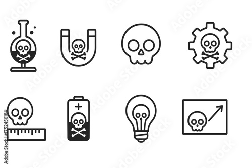 Toxic hazard outline icon set. warning, danger, skull, laboratory, power icons collection.
