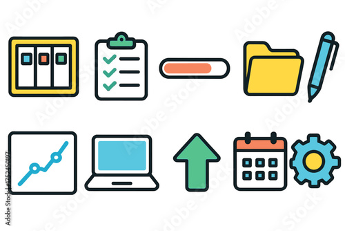 Project management flat icon set. task tracking, planning, productivity icons collection