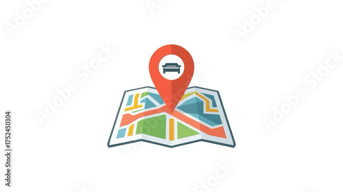 Flat Style Car Location on Map Icon with Red Pinpointer Illustration
