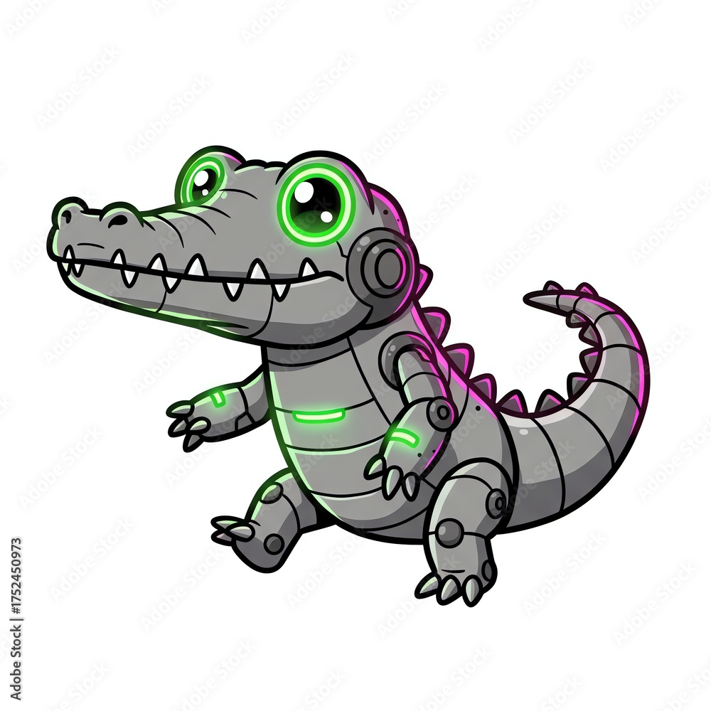 Fototapeta premium A cartoon robotic alligator with glowing green eyes