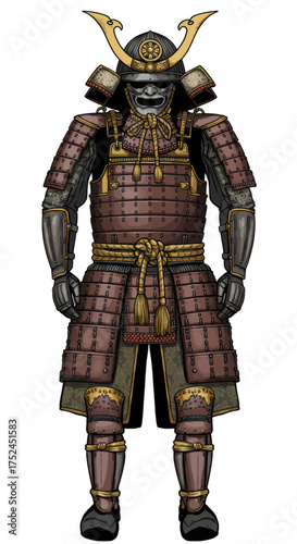 Traditional Japanese Samurai Warrior in Full Armor with Helmet