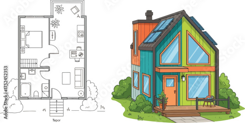 Illustration of a colorful house with a floor plan showing the layout of the rooms and the exterior