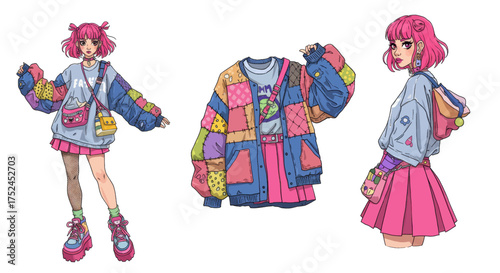Japanese Street Style Fashion Illustration Kawaii Outfit with Patchwork Jacket and Pleated Skirt