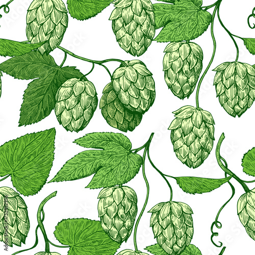 Seamless pattern with hop cones in vintage engraving style. Hand-drawn ink vector illustration.