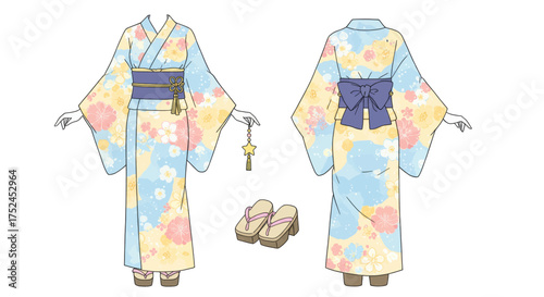 Delicate Floral Japanese Summer Kimono and Geta Sandals Illustration