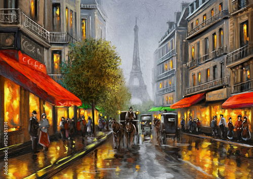 Oil paintings landscape, fine art. Night view of the old city