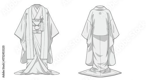 Traditional Japanese Wedding Kimono illustration Front and back views of formal attire