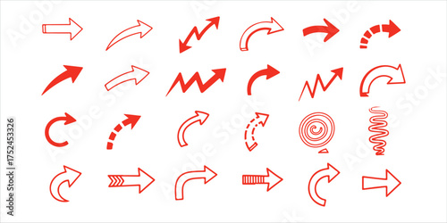 A set of handdrawn red arrows pointing in various directions, , perfect for adding a touch of whimsy to your designs
