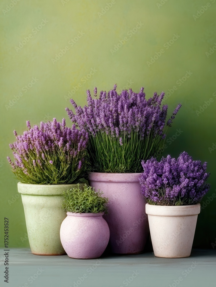 Fototapeta premium Grouping of Potted Lavender Plants and Small Greenery in Assorted Pots Against Soft Green Background