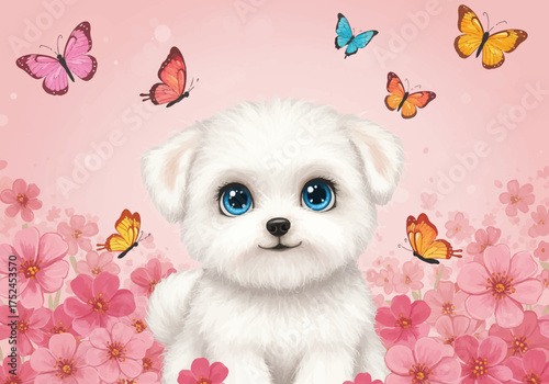 Adorable White Puppy with Blue Eyes Surrounded by Butterflies and Flowers.