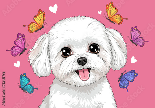 Adorable Maltese Dog with Butterflies and Hearts on Pink Background.