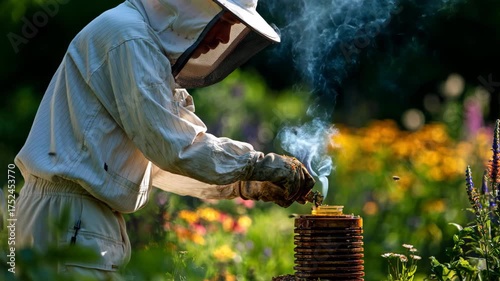 Closeup of hands securing a beehive lid with smoke gently rising set against a vibrant garden backdrop full of colorful plants.