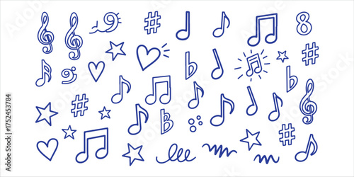 Handdrawn music notes and symbols, a whimsical collection of musical elements for creative projects and designs