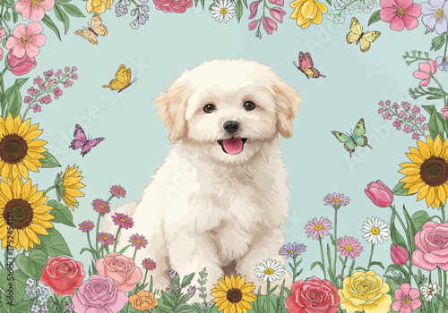 Adorable Cream-Colored Puppy Surrounded by a Floral and Butterfly Border Illustration.
