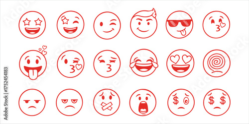 Handdrawn emoji faces, a diverse collection of expressive emoticons for digital communication and social media