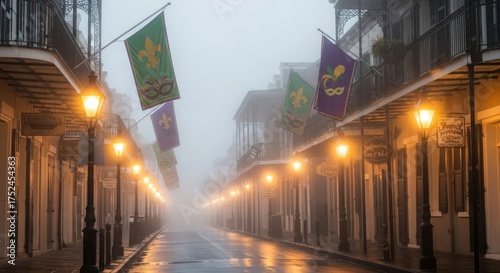 Foggy Street in New Orleans French Quarter with Decorative Flags and Gas Lamps Historical Architecture French Quarter Scene in Fog